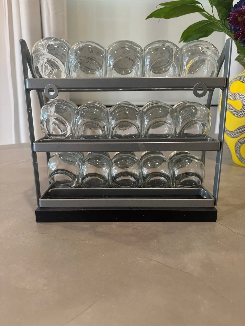 Crate&Barrel Black Spice Rack with Silver Lidded Jars